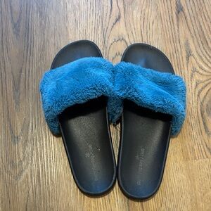 Blue Fuzzy Slide Sandals